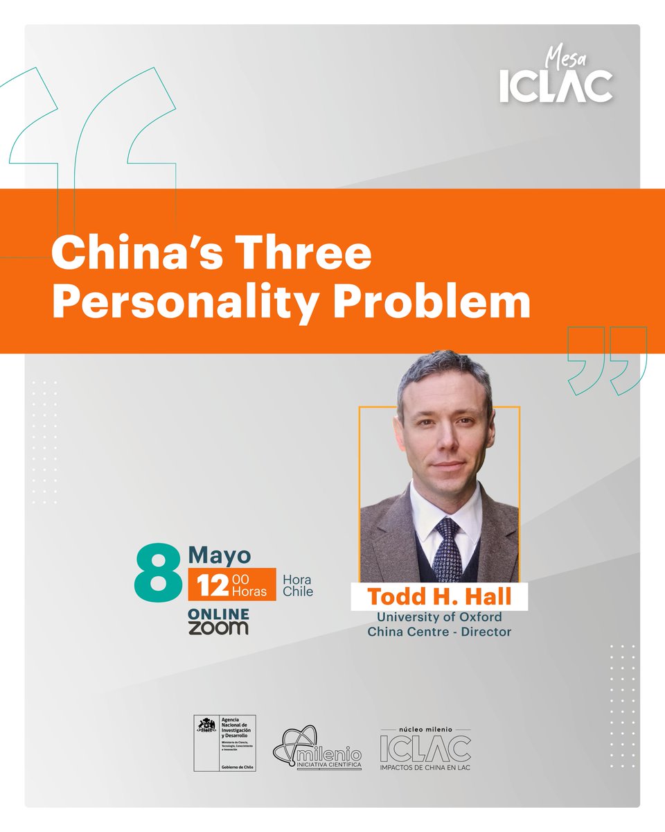 ICLAC Núcleo Milenio (@milenio_iclac) on Twitter photo #MesaICLAC 📌
El pasado jueves tuvimos el honor de tener como invitado en nuestra segunda Mesa ICLAC del año a Todd H. Hall, director del <a href="/ox_chinacentre/">Oxford China Centre</a> de <a href="/UniofOxford/">University of Oxford</a>, con quien analizamos las complejidades y narrativas de la política exterior de China.
<a href="/ANID_Chile/">Agencia Nacional de Investigación y Desarrollo</a> #MesaICLAC 📌
El pasado jueves tuvimos el honor de tener como invitado en nuestra segunda Mesa ICLAC del año a Todd H. Hall, director del <a href="/ox_chinacentre/">Oxford China Centre</a> de <a href="/UniofOxford/">University of Oxford</a>, con quien analizamos las complejidades y narrativas de la política exterior de China.
<a href="/ANID_Chile/">Agencia Nacional de Investigación y Desarrollo</a>
