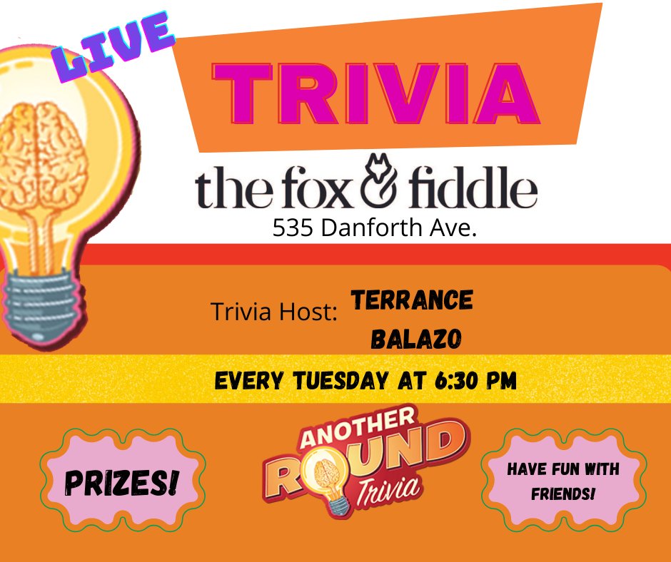 Terrance Balazo (@a_r_trivia) on Twitter photo Well, for some reason the Maple Leafs have an extra day off between games which means <a href="/A_R_Trivia/">Terrance Balazo</a> is indeed happening tonight at <a href="/FOXandFiddleTO/">Fox&FiddleDanforth</a>.
Trivia starts at 7:00pm but do arrive early to grab a table and order some food.
See you tonight... Well, for some reason the Maple Leafs have an extra day off between games which means <a href="/A_R_Trivia/">Terrance Balazo</a> is indeed happening tonight at <a href="/FOXandFiddleTO/">Fox&FiddleDanforth</a>.
Trivia starts at 7:00pm but do arrive early to grab a table and order some food.
See you tonight...