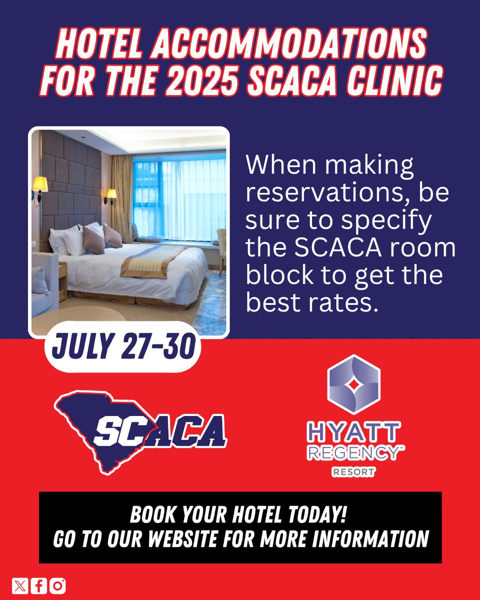 Headed to the SCACA Clinic this July? 🏈 Make sure your stay is booked, the hotels are filling up fast! 🛏️
📍 Reserve yours now using the links on our website.
➡️ sccoaches.org Click "SCACA Clinic" at the top and then from the drop down box click on "Hotels"