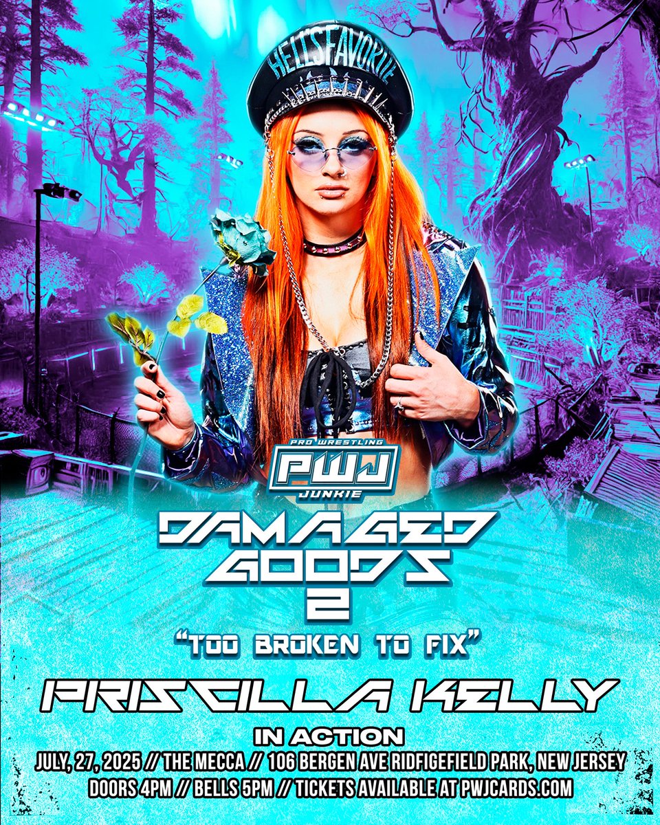 Pro wrestling junkie (@pwjcards) on Twitter photo 🚨TALENT ANNOUNCEMENT 🚨
 Priscilla Kelly 🌹WILL BE IN ACTION!
It’s Official, PWJ #DamagedGoods2 LIVE @ The Mecca on Sunday July 27th!
 ♦️FIRST ROW (SOLD OUT) 
♦️SECOND ROW ( 6 tickets available)
♦️GENERALADMISSION (tickets available)
 🎟️ GET TIX NOW: PWJCards.com 🚨TALENT ANNOUNCEMENT 🚨
 Priscilla Kelly 🌹WILL BE IN ACTION!
It’s Official, PWJ #DamagedGoods2 LIVE @ The Mecca on Sunday July 27th!
 ♦️FIRST ROW (SOLD OUT) 
♦️SECOND ROW ( 6 tickets available)
♦️GENERALADMISSION (tickets available)
 🎟️ GET TIX NOW: PWJCards.com