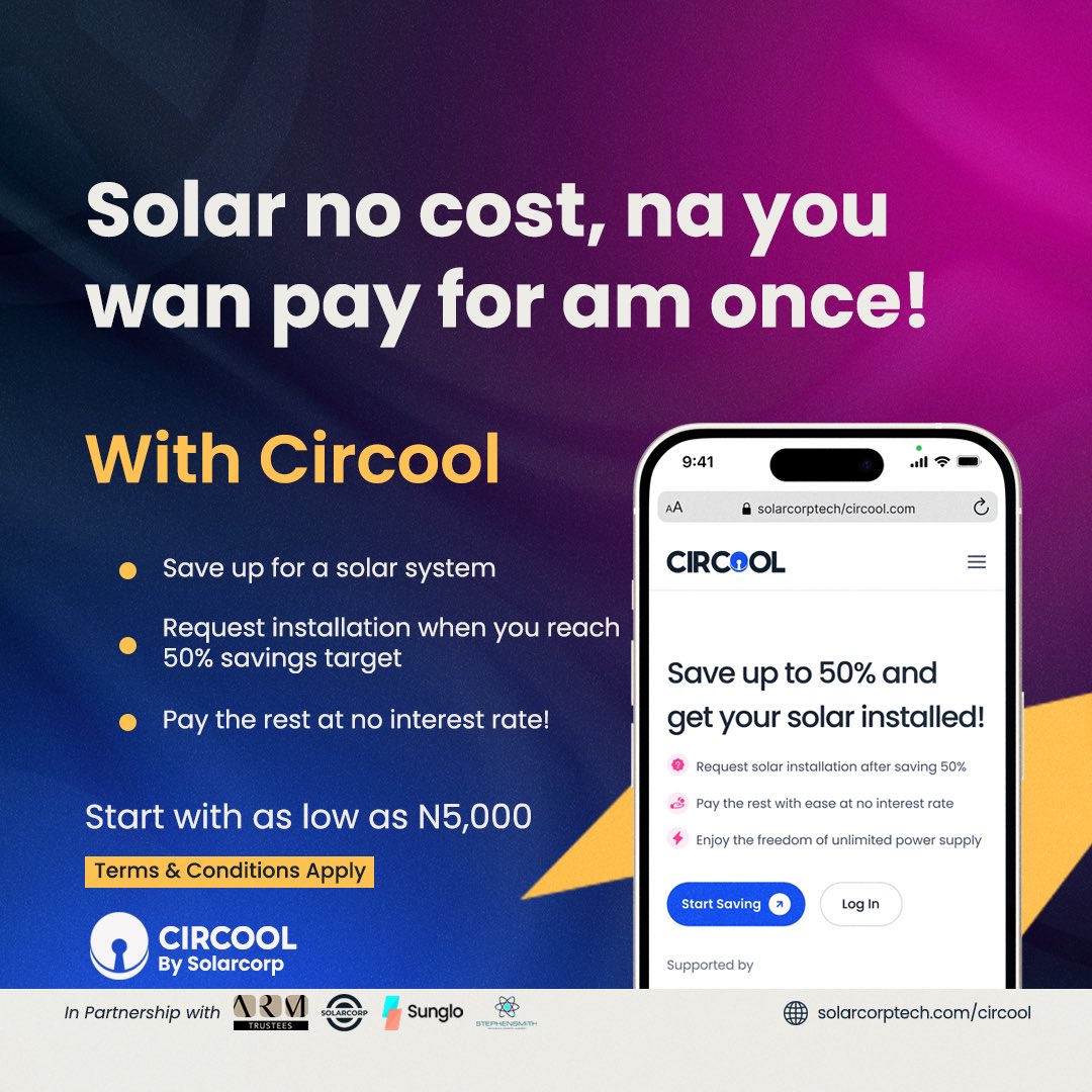 HOLYMAN ✝️ (@theholyman_) on Twitter photo got myself a Solar system last month, and I’ve never been happier
Sometimes it’s ok to be bold and take that step to liberation.
Get your own Solar system too from <a href="/AppCircool/">CircoolApp</a>
pay in installments, get Solar at 50% payment. Visit: solarcorptech.com/circool and choose your plan got myself a Solar system last month, and I’ve never been happier
Sometimes it’s ok to be bold and take that step to liberation.
Get your own Solar system too from <a href="/AppCircool/">CircoolApp</a>
pay in installments, get Solar at 50% payment. Visit: solarcorptech.com/circool and choose your plan