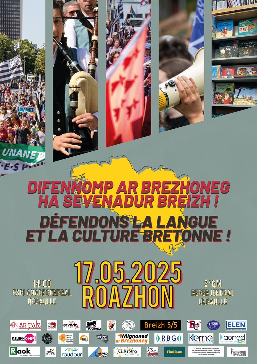 ‼️ 17/05/2025 – ROAZHON ‼️

Défendons la langue et la culture bretonne ! 
Difennomp ar #brezhoneg ha sevenadur Breizh !

🕑 14:00
🏁 Esplanade Général de Gaulle / Reper Jeneral de Gaulle 

#Manif #Rennes #Roazhon