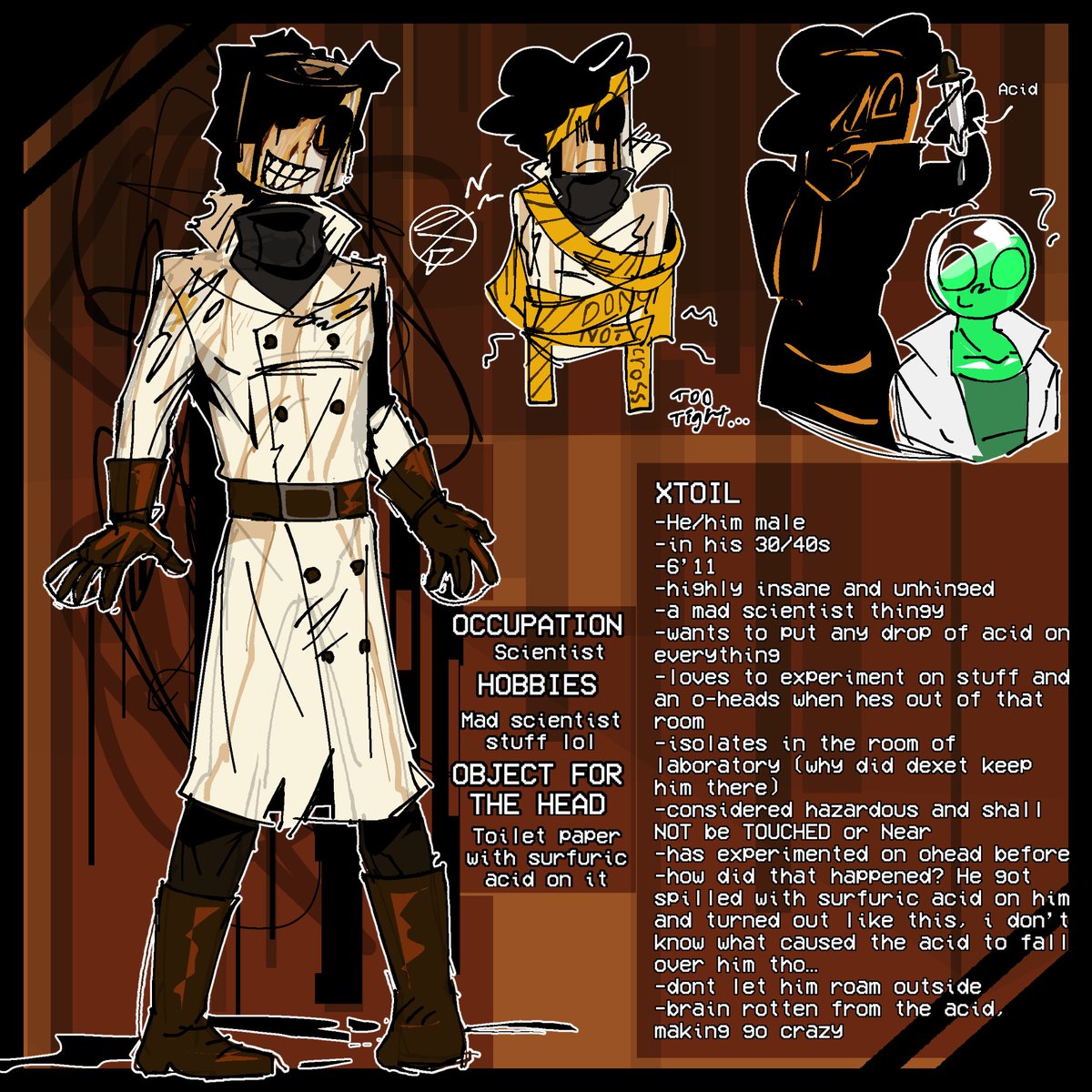 Zavixel's tweet photo. Hi guys toilet paper ohohoh (pees acid on it)
#objecthead #zavyverse #wildohead #zavzart #ocrefsheet #originalcharacter #madscientist #men #acid #oc #scientistoc #scientist #zavysoc #icky https://t.co/0xipmE0fXT