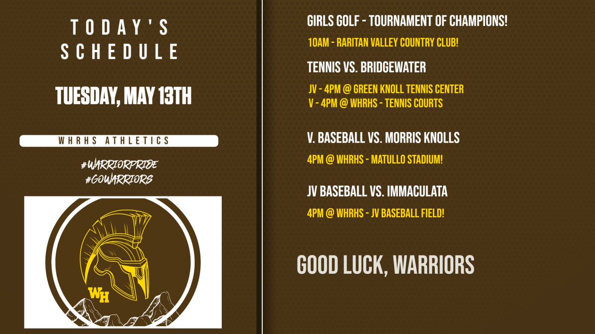 WHRHS Athletics (@whrhs_athletics) on Twitter photo Today's Athletic Schedule. Good luck, Warriors! <a href="/WarrenTAP/">Warren TAP</a> <a href="/whrhs_district/">Watchung Hills Regional High School</a> Today's Athletic Schedule. Good luck, Warriors! <a href="/WarrenTAP/">Warren TAP</a> <a href="/whrhs_district/">Watchung Hills Regional High School</a>