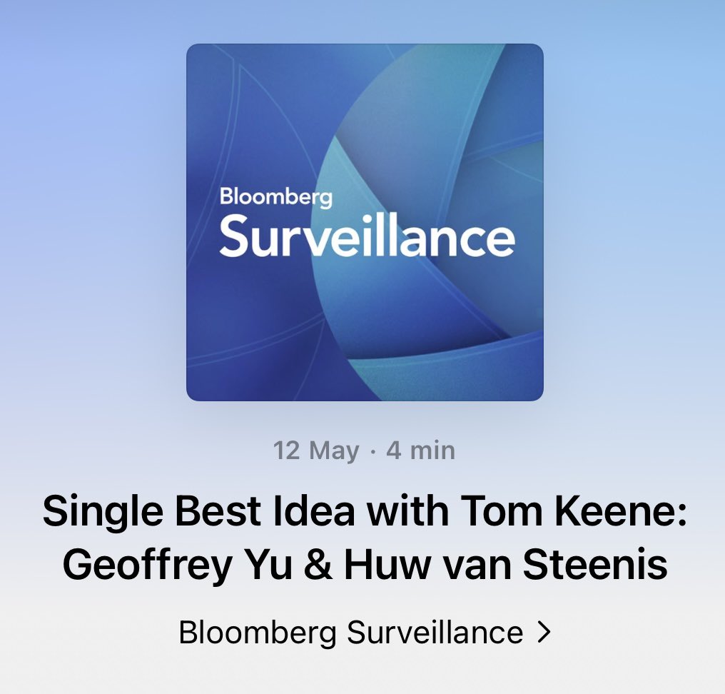 Huw van Steenis (@huwsteenis) on Twitter photo Great to join the incomparable <a href="/tomkeene/">tom keene</a> <a href="/ptsweeney/">Paul Sweeney</a> <a href="/LisaMateoTV/">Lisa Mateo</a> on <a href="/BloombergRadio/">Bloomberg Radio</a> to debate how international investors are weighing up shifting asset allocation & $ hedging.
And chuffed to be on Tom's Single Best idea on this market moving day
<a href="/bsurveillance/">BSurveillance</a> <a href="/business/">Bloomberg</a> Great to join the incomparable <a href="/tomkeene/">tom keene</a> <a href="/ptsweeney/">Paul Sweeney</a> <a href="/LisaMateoTV/">Lisa Mateo</a> on <a href="/BloombergRadio/">Bloomberg Radio</a> to debate how international investors are weighing up shifting asset allocation & $ hedging.
And chuffed to be on Tom's Single Best idea on this market moving day
<a href="/bsurveillance/">BSurveillance</a> <a href="/business/">Bloomberg</a>
