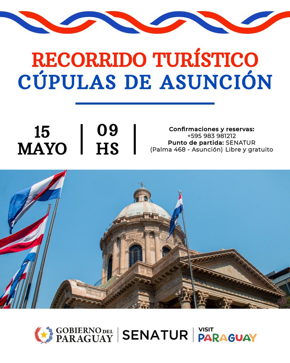 🏛️✨ ¡Descubrí Asunción desde las alturas!

Este jueves 15 de mayo a las 09:00 hs, sumate al Recorrido Turístico de las Cúpulas, una experiencia única para contemplar la belleza arquitectónica y la historia que se esconde en lo alto de nuestra ciudad capital.