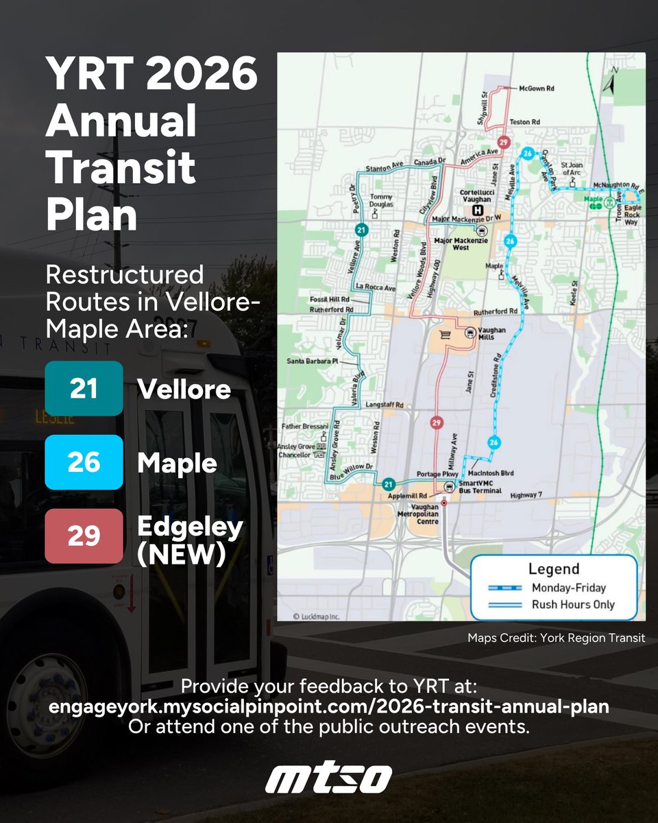 View the new proposed route restructuring by the YRT 2026 Annual Transit Plan! Public consultation is ongoing online and in-person, link in the bio to learn more.
