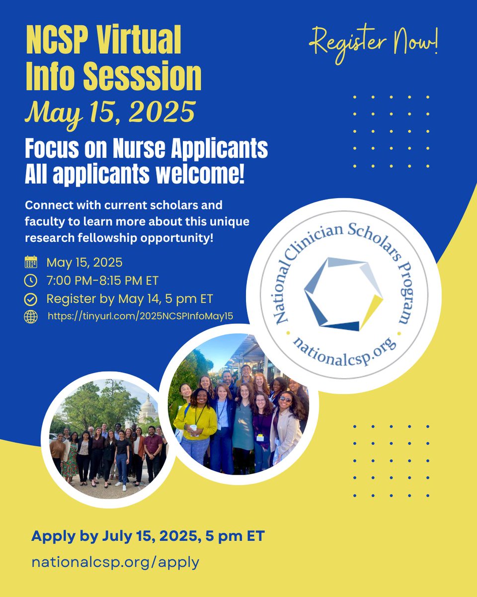 National CSP (@nationalcsp) on Twitter photo Questions about NCSP or the application process? Join our virtual info session with current faculty and scholars on May 15th! Focus on nurse applicants; all applicants welcome! Register: tinyurl.com/2025NCSPInfoMa⦠<a href="/NCSP_UCLA/">NCSP at UCLA</a> <a href="/NCSP_UCSF/">NCSP at UCSF</a> <a href="/ncspMICHIGAN/">Natāl Clinician Scholars Program at U-M IHPI</a> <a href="/NCSP_Penn/">NCSP at Penn</a> <a href="/NCSP_Yale/">NCSP at Yale</a> <a href="/NCSP_Duke/">NCSP at Duke</a> Questions about NCSP or the application process? Join our virtual info session with current faculty and scholars on May 15th! Focus on nurse applicants; all applicants welcome! Register: tinyurl.com/2025NCSPInfoMa⦠<a href="/NCSP_UCLA/">NCSP at UCLA</a> <a href="/NCSP_UCSF/">NCSP at UCSF</a> <a href="/ncspMICHIGAN/">Natāl Clinician Scholars Program at U-M IHPI</a> <a href="/NCSP_Penn/">NCSP at Penn</a> <a href="/NCSP_Yale/">NCSP at Yale</a> <a href="/NCSP_Duke/">NCSP at Duke</a>