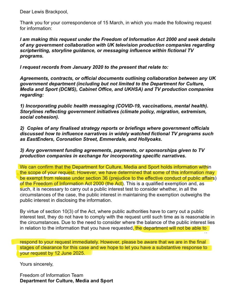 NOW — The UK Government is STILL delaying disclosure of documents confirming it collaborated with TV writers to shape fictional storylines.

In March, I submitted an Information request to the Department for Culture, Media and Sport asking for:

- Government collaboration with TV