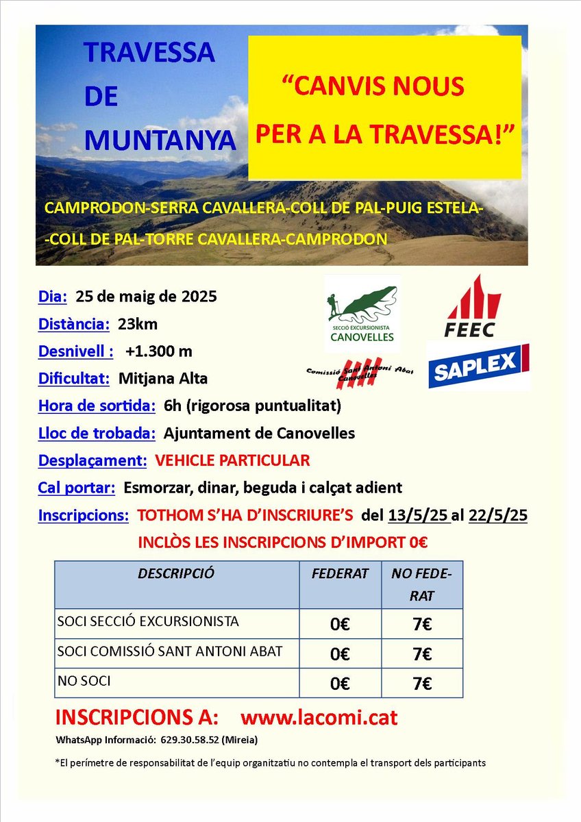 El diumenge 25 de maig, el centre excursionista, recupera una activitat de jornada completa i d'alta muntanya. 
Anirem a la poc coneguda Serra Cavallera, per gaudir de cims com el puig del pla de les Pasteres, el coll del Pal i el puig Estela, el germà petit del Taga.
Anima't!