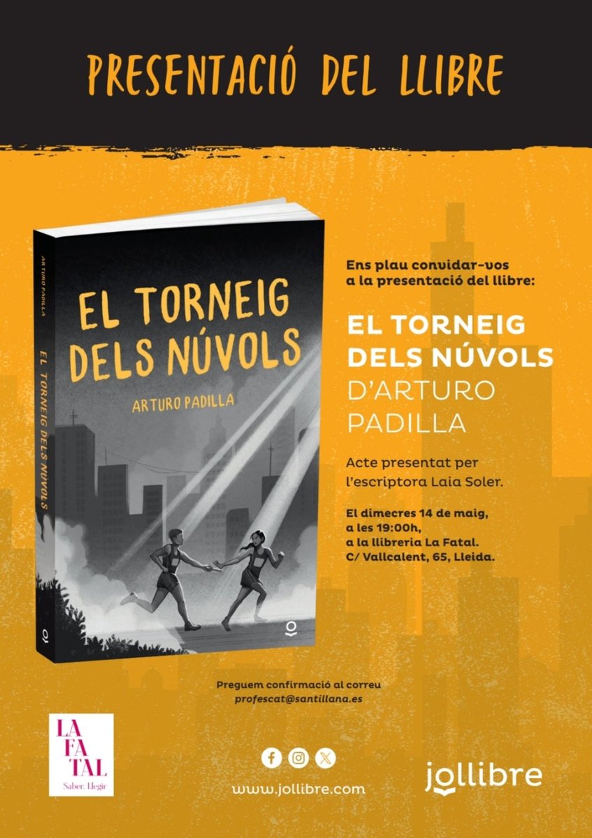 I, demà, festa grossa a la llibreria <a href="/LaFatal_/">La Fatal</a> de Lleida per presentar «El torneig dels núvols» a les 19 hores acompanyat de l'escriptora Laia Soler. El meu llibre volta per Catalunya!