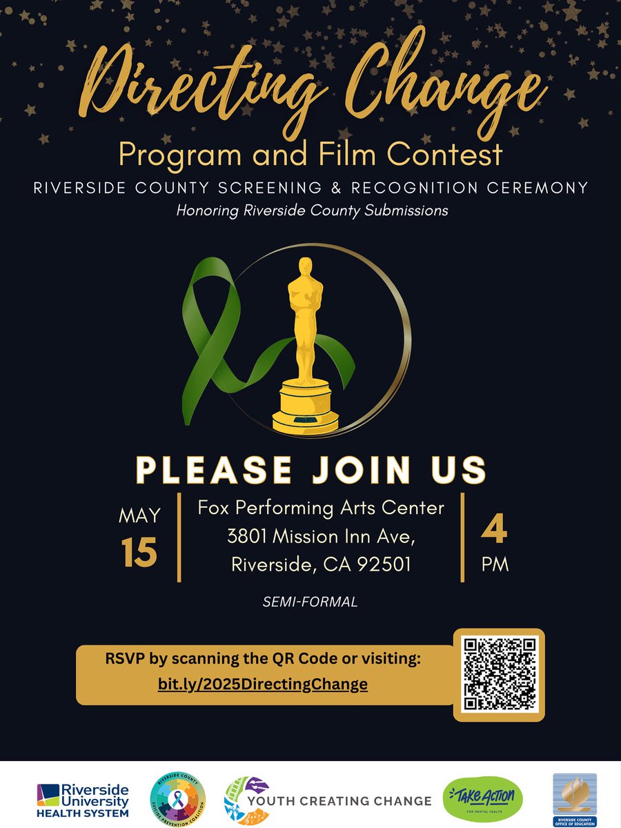 RivCo Office of Education (@rcoe) on Twitter photo HAPPENING THIS THURSDAY!! 🎥🎬🎞️🍿2025 Directing Change Riverside County Screening & Recognition Award Ceremony. 🌟🏆Celebrate student submissions to promote #MentalHealthRivCo Thur, May 15, 4 pm <a href="/FoxRiverside/">Fox Theater - Riverside</a> Theater, downtown Riverside. Get FREE tickets: bit.ly/2025DirectingC… HAPPENING THIS THURSDAY!! 🎥🎬🎞️🍿2025 Directing Change Riverside County Screening & Recognition Award Ceremony. 🌟🏆Celebrate student submissions to promote #MentalHealthRivCo Thur, May 15, 4 pm <a href="/FoxRiverside/">Fox Theater - Riverside</a> Theater, downtown Riverside. Get FREE tickets: bit.ly/2025DirectingC…
