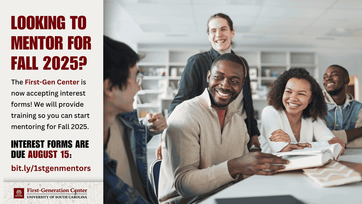USCFIRST_GEN's tweet image. Become a #FirstGen mentor for Fall Semester 2025 @UofSC!
Faculty, staff, graduate students, sophomores, juniors, & seniors are encouraged to participate!
Get the details and submit the interest form by August 15: sc.edu/about/offices_…
@gradschooluofsc
@uofscstudents
#uofsc