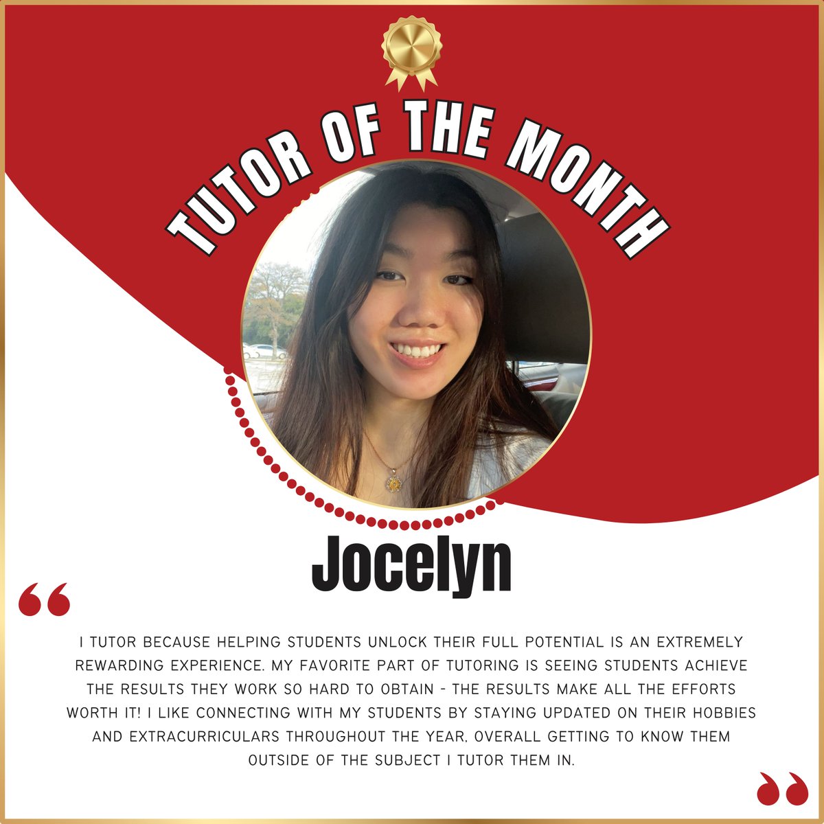 Kscholasticinc's tweet image. Tutor of the Month goes to Jocelyn! Thank you for your hard work and dedication 🏆✨

#kscholastic #tutors #houstontutor #tutoring #education #tutoringservices #sattutor #finalexam #employeeofthemonth