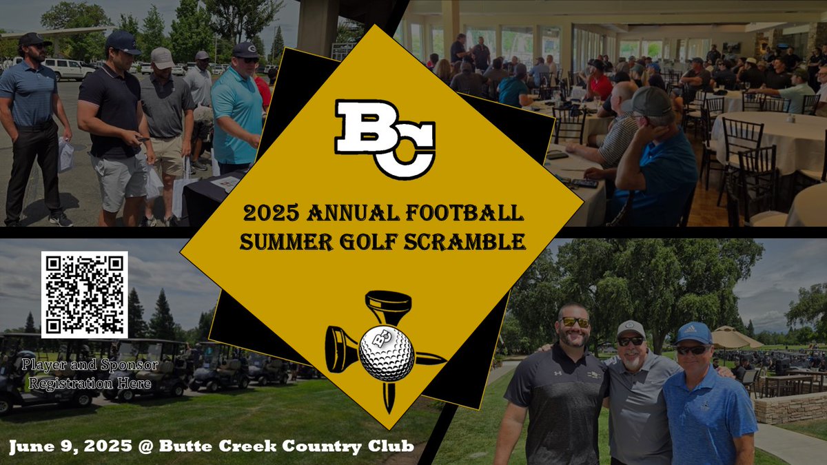 ButteFootball's tweet image. Less than a month until the 2025 @ButteFootball Summer Scramble! Join us at Butte Creek Country Club on Monday, June 9th for a great day of swinging the stix! Hit the QR Code or this link - charitygolftoday.com/event?e=18463&… #BCPride