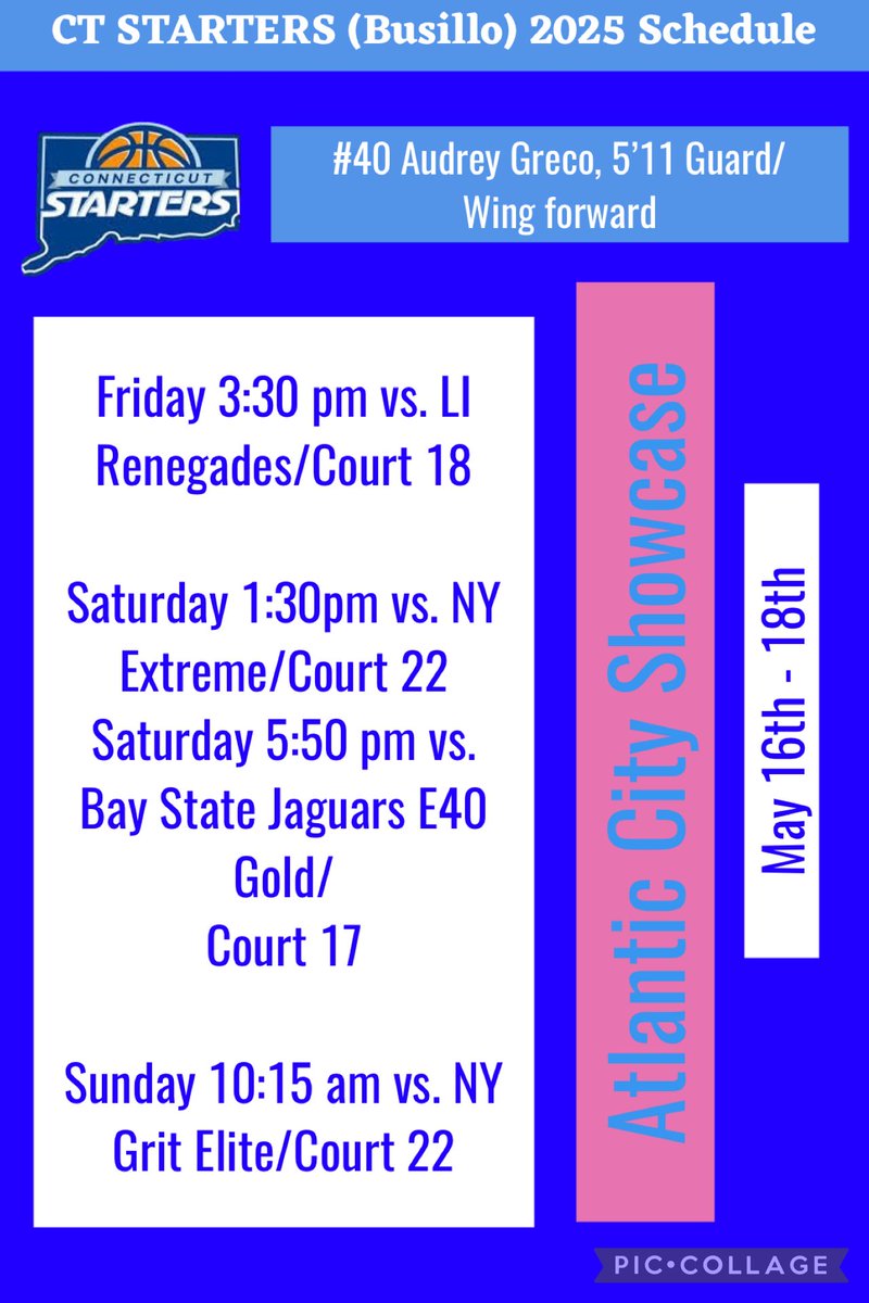 Audrey Greco (@audreygreco_) on Twitter photo Very excited to play in Atlantic City this weekend with <a href="/ctstarters/">CT Starters AAU</a> ! Here is my upcoming schedule! Very excited to play in Atlantic City this weekend with <a href="/ctstarters/">CT Starters AAU</a> ! Here is my upcoming schedule!