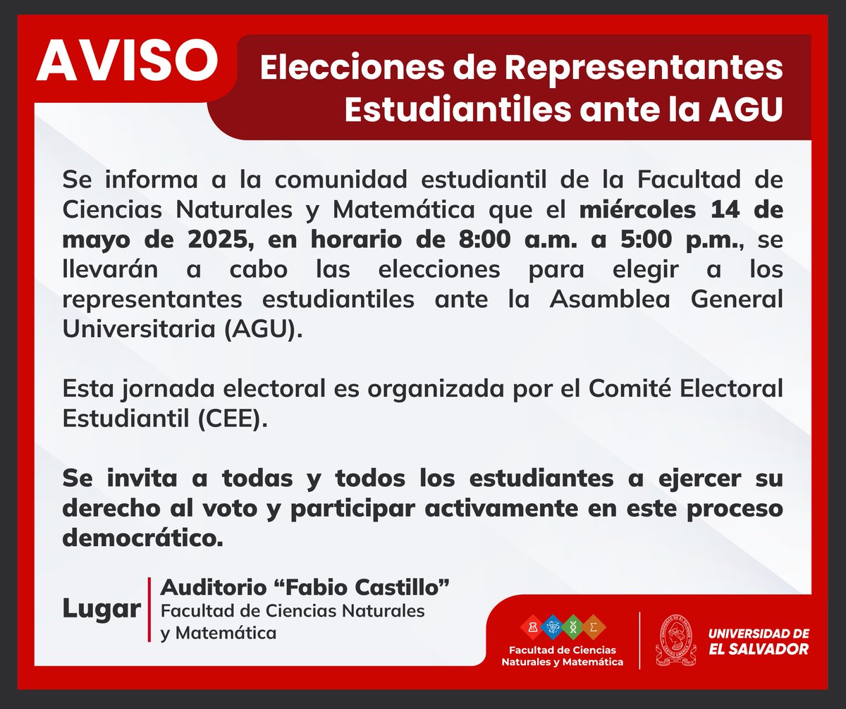 🗳️ Mañana, miércoles 14 de mayo, se realizarán las elecciones de representantes estudiantiles ante la AGU en la FCNM, de 8:00 a.m. a 4:00 p.m. Se invita a la comunidad universitaria a participar