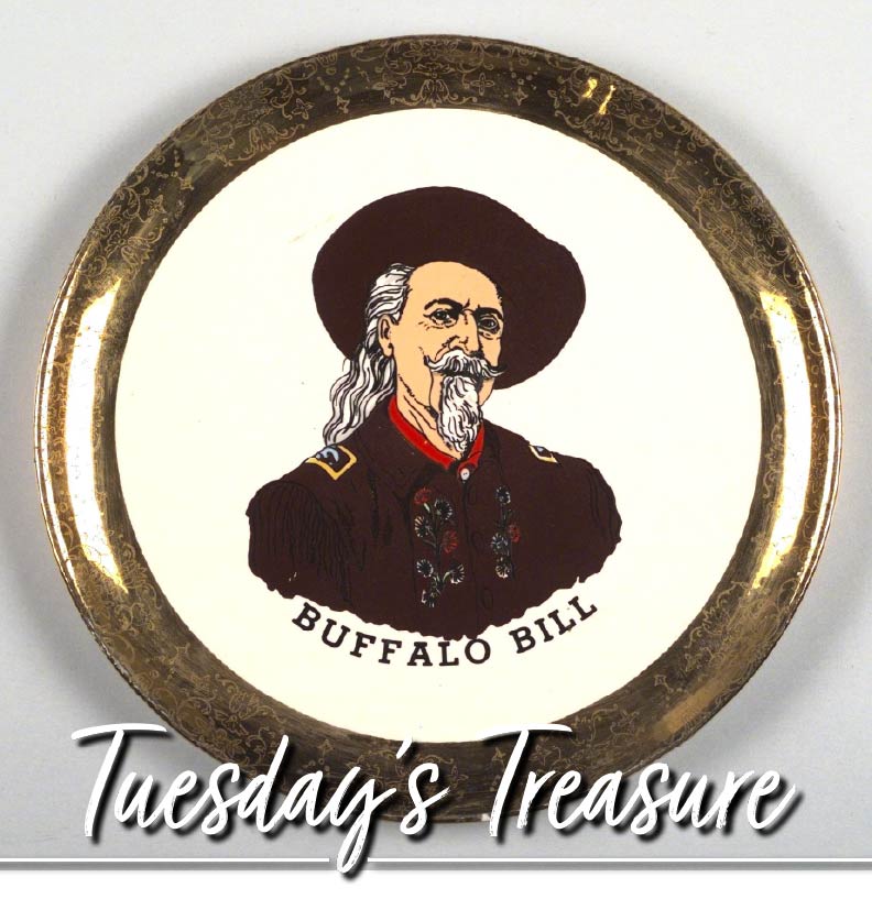 This week's Tuesday Treasure features a unique white ceramic plate showcasing the legendary Buffalo Bill Cody. With his dark brown hat, white hair, and vibrant red collar, this piece beautifully captures his iconic charm. #buffalobill #centerofthewest #tuesdaystreasure