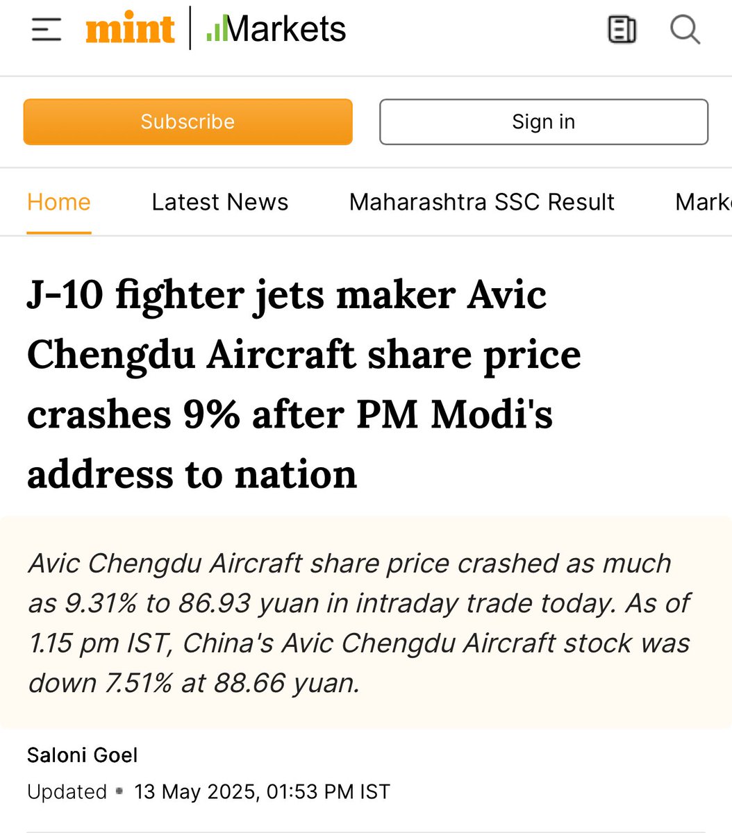 Avic Chengdu Aircraft share price crashed as much as 9.31% in intraday trade today.This company makes the J10 fighter jets, used by PAF 
S. Sharif has a lot of explaining to do to his Chinese masters. Asim Munir’s adventurism has cost China billions of dollars. China is NOT happy