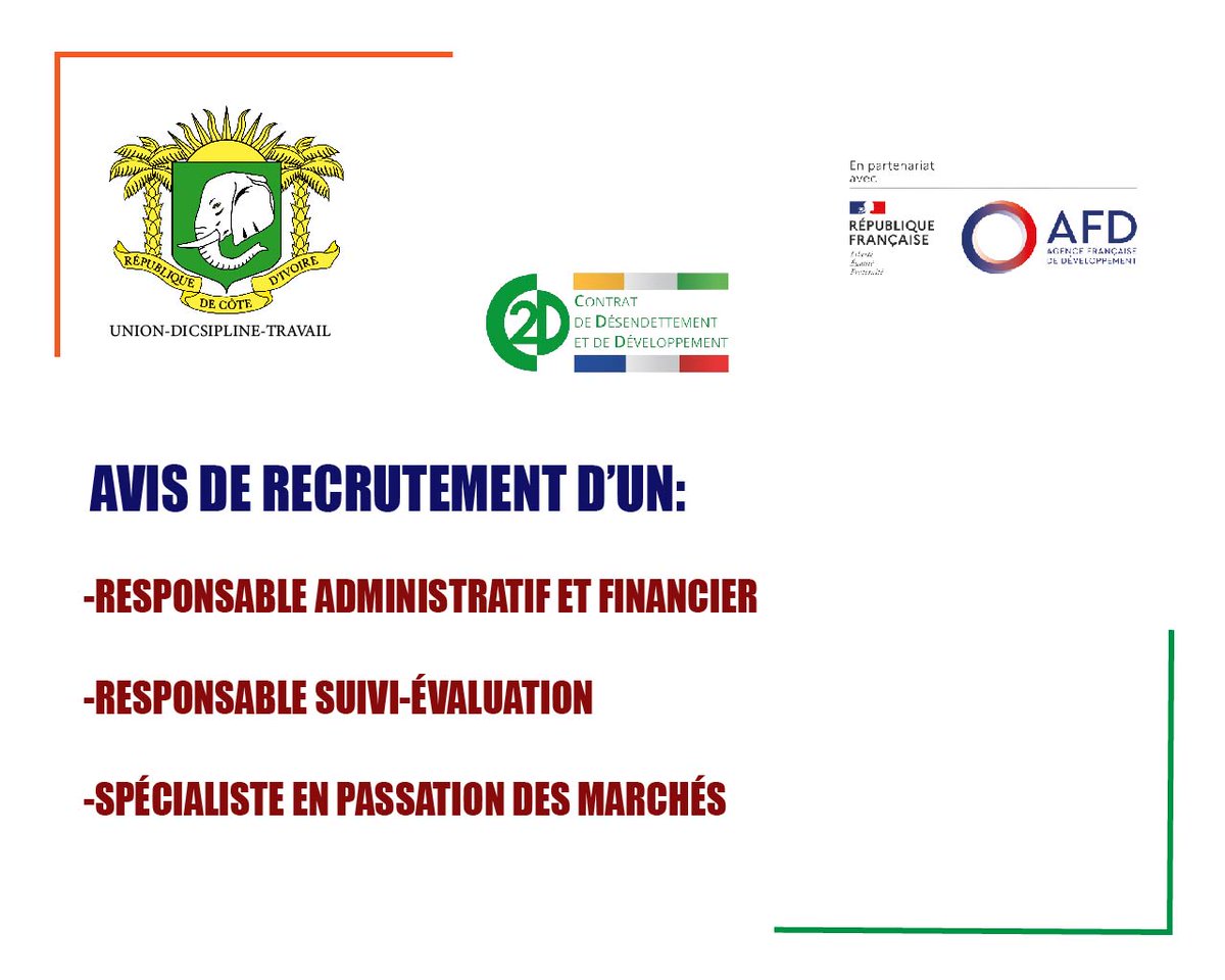 Appel à candidatures pour le Recrutement de:
-Un Responsable Suivi-Évaluation
-Un Responsable Administratif et Financier
-Un Spécialiste en Passation des Marchés

Pour plus d'informations -&gt; c2d.gouv.ci/index3.php?pag…