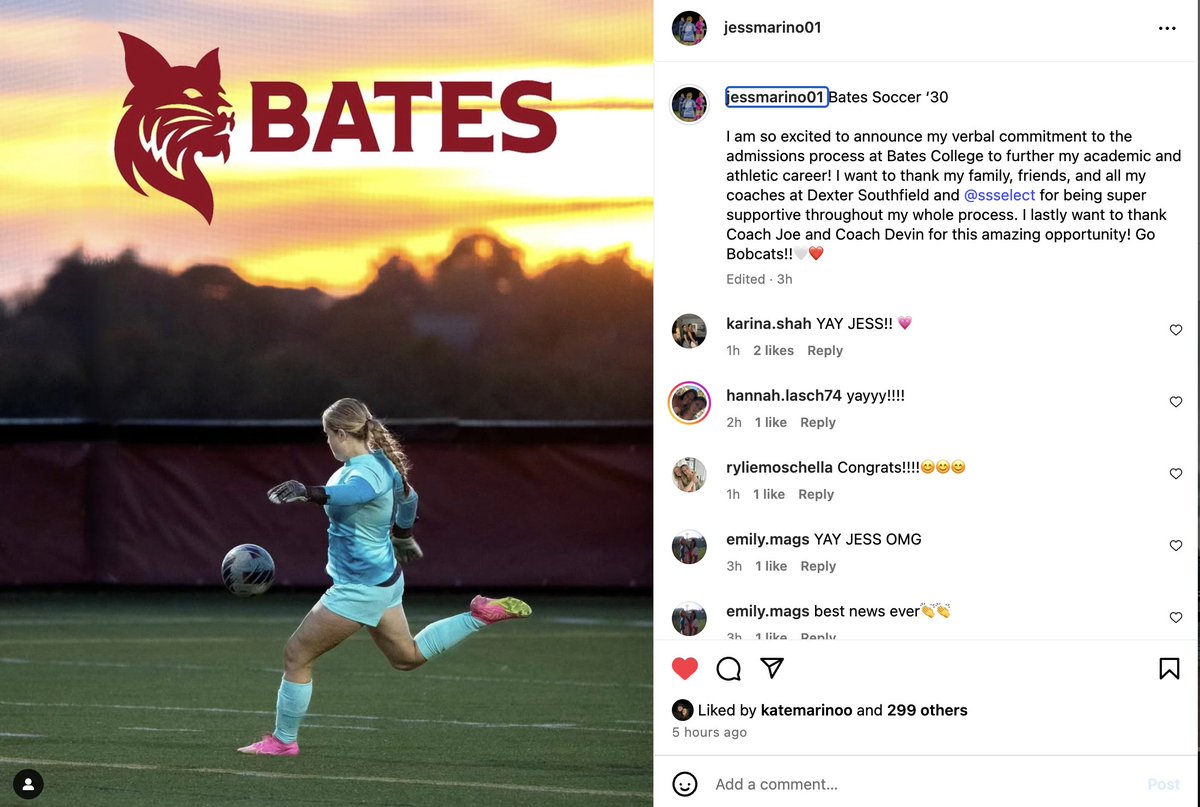 Jess Marino ‘26 (@jessmarino26) on Twitter photo I'm so excited to announce my commitment to the admissions process in the NESCAC at <a href="/BatesWSOC/">Bates Women's Soccer</a>! I wouldn't be here without the support of my family, friends and coaches! Go Bobcats! <a href="/ImYouthSoccer/">ECNL/GA/Recruiting/College Soccer</a> <a href="/ImCollegeSoccer/">College Soccer Truth ™</a> <a href="/SSSelect/">Select Soccer Club</a> I'm so excited to announce my commitment to the admissions process in the NESCAC at <a href="/BatesWSOC/">Bates Women's Soccer</a>! I wouldn't be here without the support of my family, friends and coaches! Go Bobcats! <a href="/ImYouthSoccer/">ECNL/GA/Recruiting/College Soccer</a> <a href="/ImCollegeSoccer/">College Soccer Truth ™</a> <a href="/SSSelect/">Select Soccer Club</a>