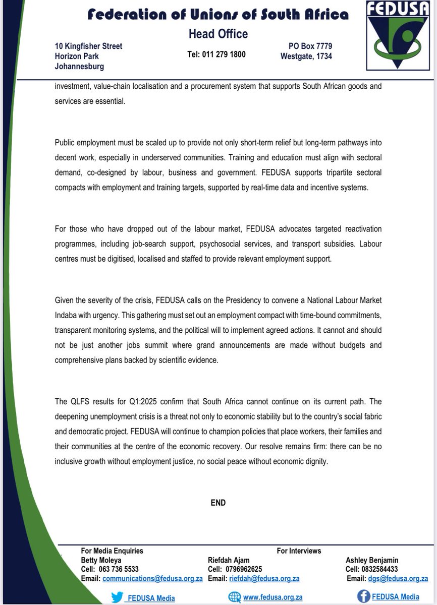 FEDUSAMedia's tweet photo. The Federation of Unions of South Africa (FEDUSA) is gravely concerned by the deteriorating state of the country’s labour market, as confirmed by the Quarterly Labour Force Survey (QLFS) for the first quarter of 2025. #QLFS #FEDUSACARES #LabourMarket https://t.co/U3lYyA6N2Z