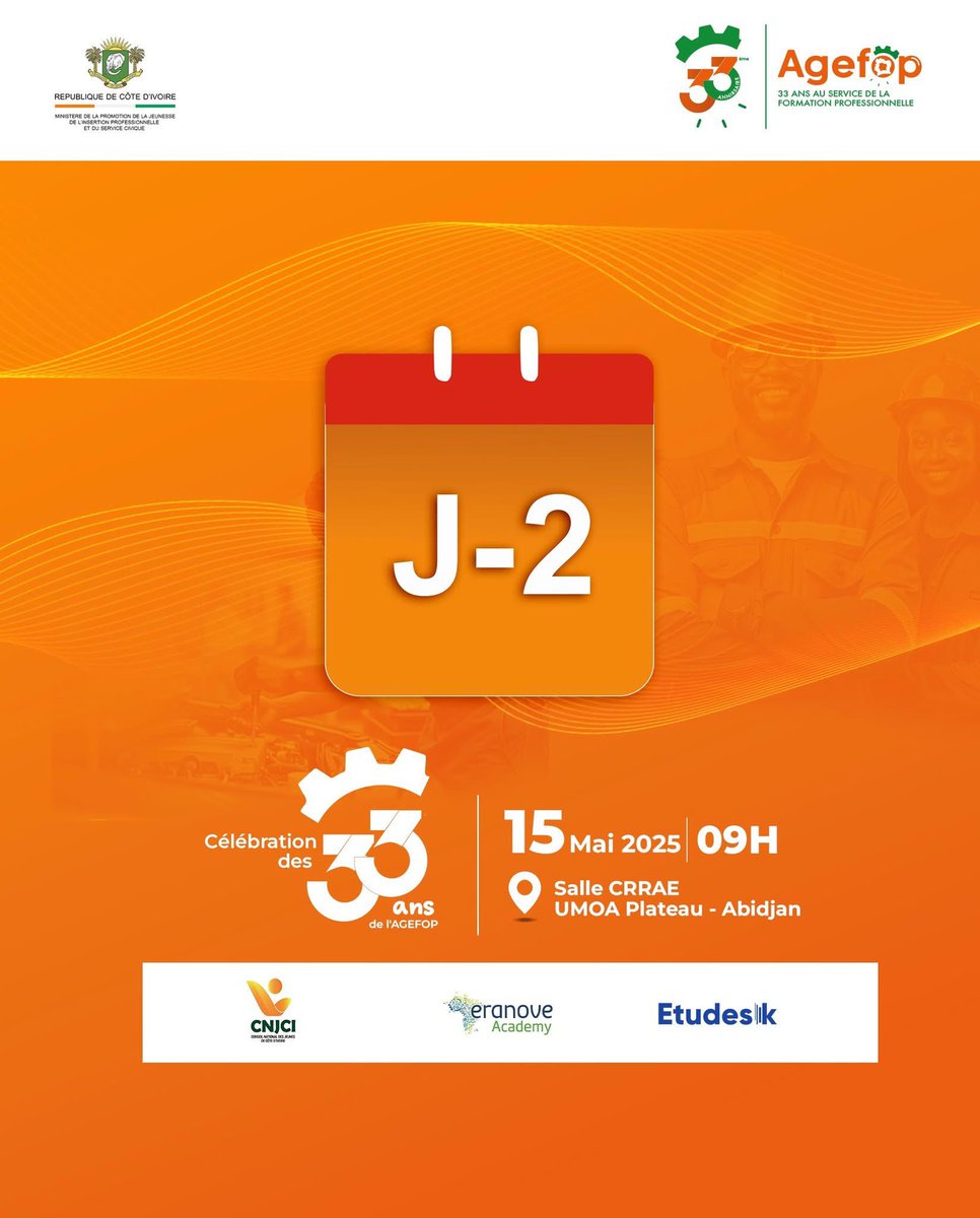 J-2 avant les 33 ans de l’AGEFOP !
Un rendez-vous pour découvrir 33 ans d’impact terrain, des témoignages inspirants et des réflexions d’avenir sur la formation.
📍15 mai – CRRAE UMOA, Plateau
🔗 Inscription : agefop.ci/inscription33
#AGEFOP33ans #J2 #CompétencesPourDemain