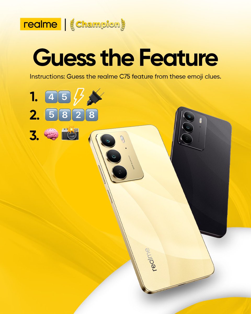 Emoji detectives 🤭

Can you guess the features of the realme C75 using the emojis. 

Drop your answers in the comments.

5 lucky winners will be selected randomly to win ₦5,000 each across our social media pages!

#realmeC75 #realmeTrivia
