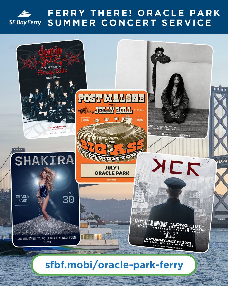San Francisco Bay Ferry (@sfbayferry) on Twitter photo Ready to groove to some of the biggest names in music? Hop aboard our Vallejo, Oakland, and Main Street Alameda routes straight to <a href="/OracleParkSF/">Oracle Park</a>'s summer concert series. Ferry tix are available at sfbf.mobi/oracle-park-feโฆ ๐ Ready to groove to some of the biggest names in music? Hop aboard our Vallejo, Oakland, and Main Street Alameda routes straight to <a href="/OracleParkSF/">Oracle Park</a>'s summer concert series. Ferry tix are available at sfbf.mobi/oracle-park-feโฆ ๐