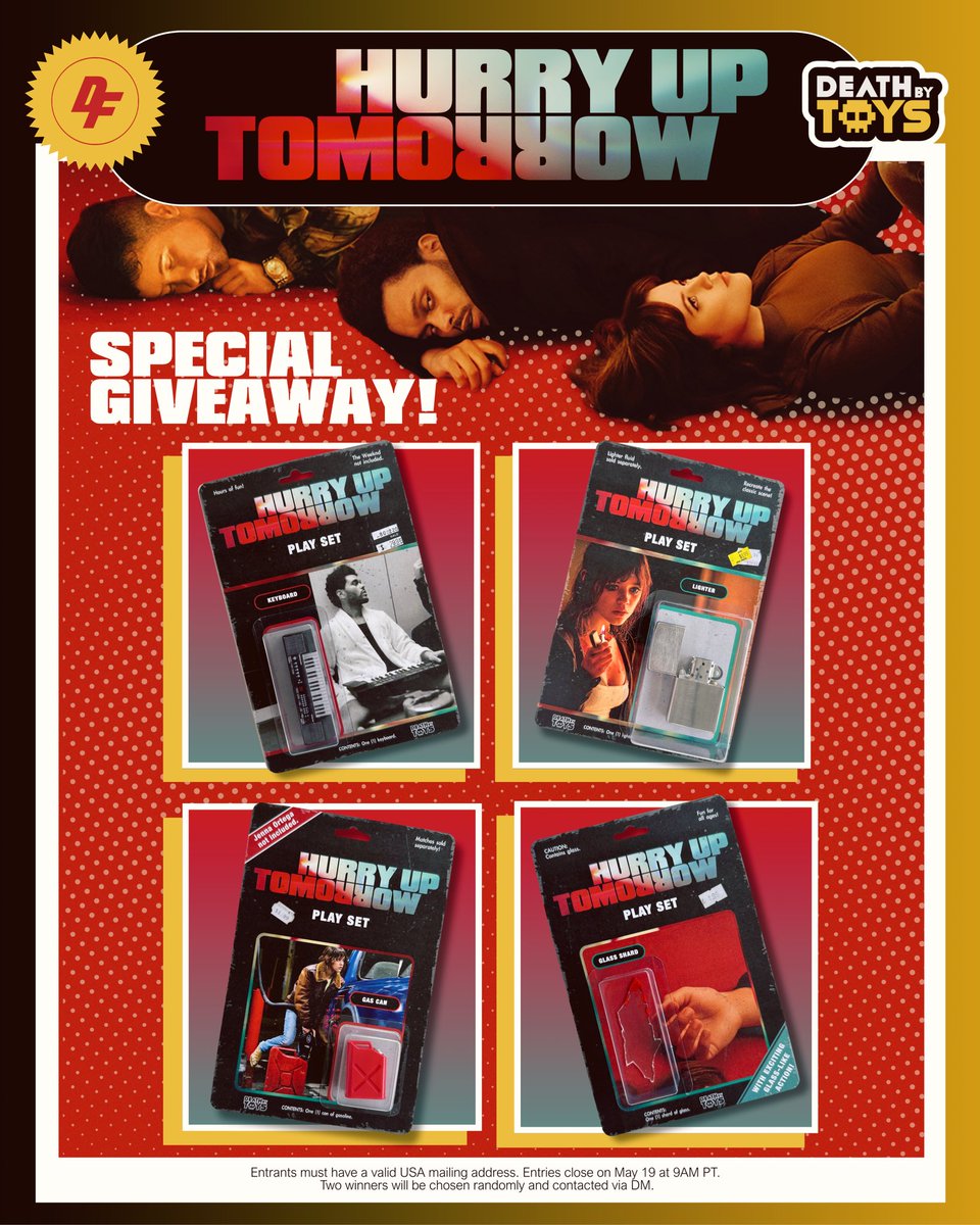 We’re teaming up with Lionsgate and Death By Toys to give away 2 one-of-a-kind novelty figures inspired by ‘HURRY UP TOMORROW,’ starring The Weeknd, Jenna Ortega &amp; Barry Keoghan.
 
To enter, reply with a receipt of your movie ticket purchase for ‘HURRY UP TOMORROW’