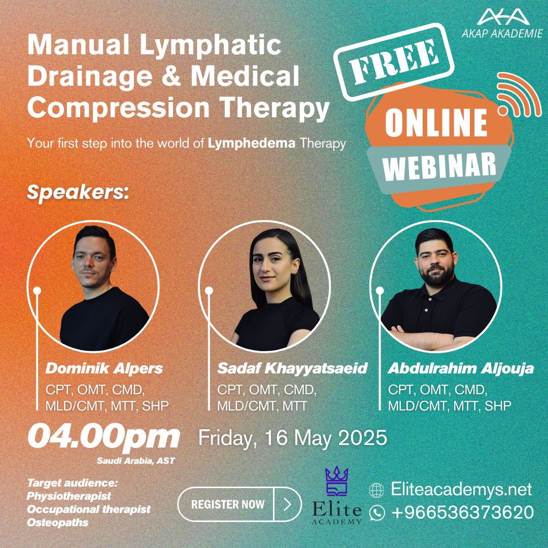 يسرنا في اكاديمية إليت ان نقدم محاضرة مجانية بعنوان 

Manual Lymphatic Drainage &amp; Medical Compression Therapy 

- كافة التفاصيل موضحه في صورة اعلان الدوره 
- ⁠ يوم الجمعة 16 - 5 - 2025 
- ⁠اون لاين 
- الفئه المستهدفة :
- ⁠اخصائيين العلاج الطبيعي
- ⁠اخصائيين العلاج الوظيفي 
-