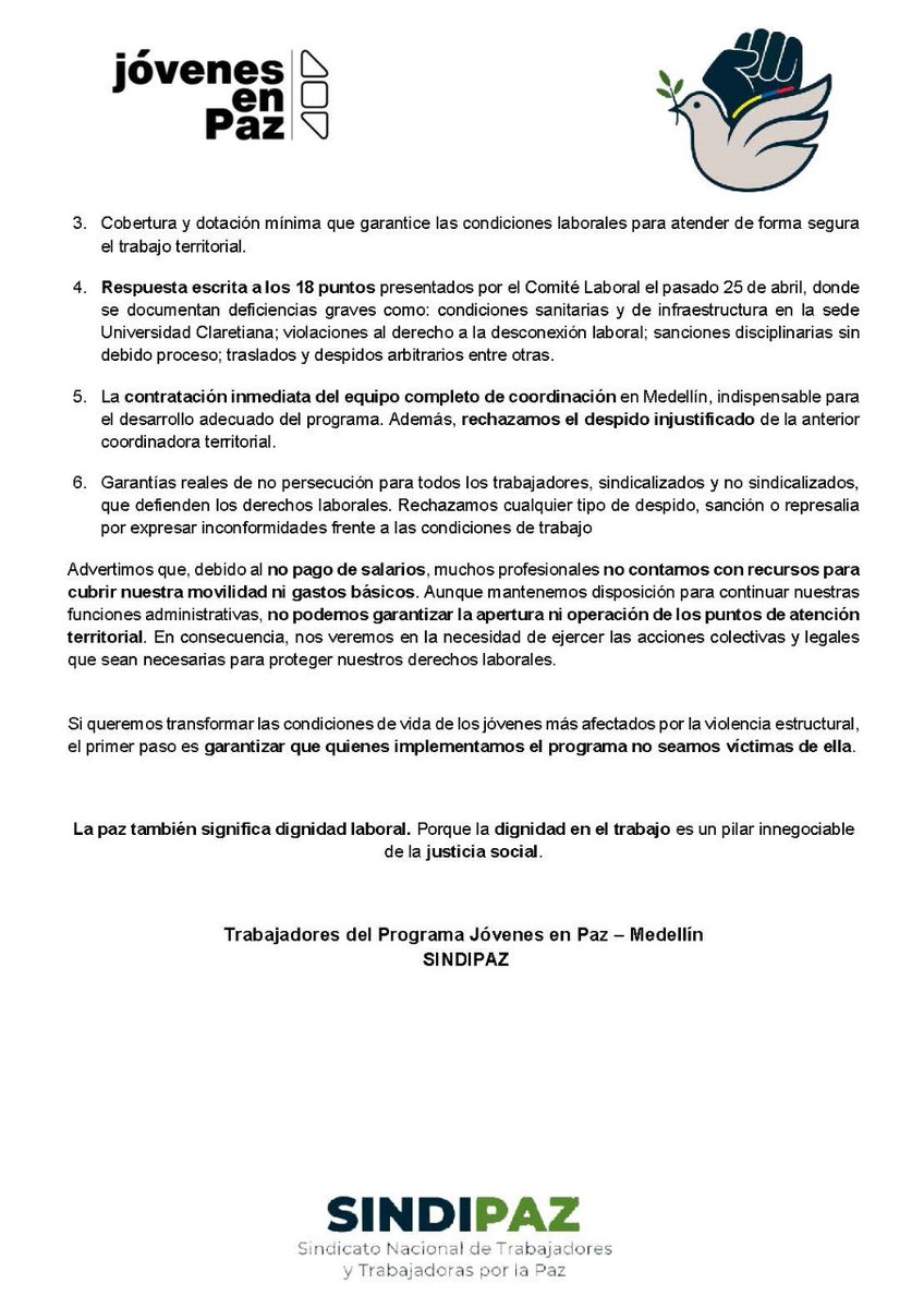 SINDIPAZCOL's tweet photo. 🔴 Denuncia pública de las trabajadoras y trabajadores del programa #JóvenesEnPaz de la ciudad de Medellín. https://t.co/bYaziQG5RF