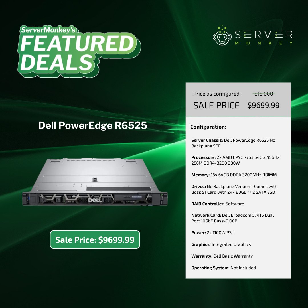 ServerMonkey (@myservermonkey) on Twitter photo Grab 35% off Dell PowerEdge #R6525 No Backplane: Just $9,699.99! Dual AMD EPYC 7763 64C CPUs, 1TB RAM, dual M.2 SSDs, 10GbE networking.
🌐: tinyurl.com/dellpoweredger…
👨💻: 1-855-432-8918 | sales@servermonkey.com
#ServerMonkeyFeaturedDeal Grab 35% off Dell PowerEdge #R6525 No Backplane: Just $9,699.99! Dual AMD EPYC 7763 64C CPUs, 1TB RAM, dual M.2 SSDs, 10GbE networking.
🌐: tinyurl.com/dellpoweredger…
👨💻: 1-855-432-8918 | sales@servermonkey.com
#ServerMonkeyFeaturedDeal