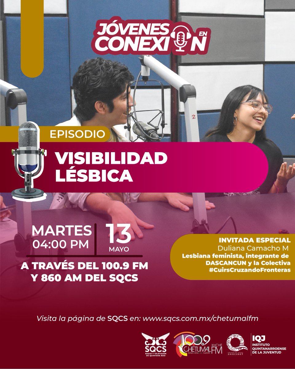 HOY en punto de las 4:00 PM, sintoniza #JóvenesEnConexión con el episodio “Visibilidad lésbica”

Escúchanos por el100.9 FM y 860 AM del Sistema Quintanarroense de Comunicación Social - SQCS , o en línea aquí  sqcs.com.mx/chetumalfm

#UnidosParaTransformar #JVNTDS
<a href="/alvarado_moo/">Alma Alvarado</a>