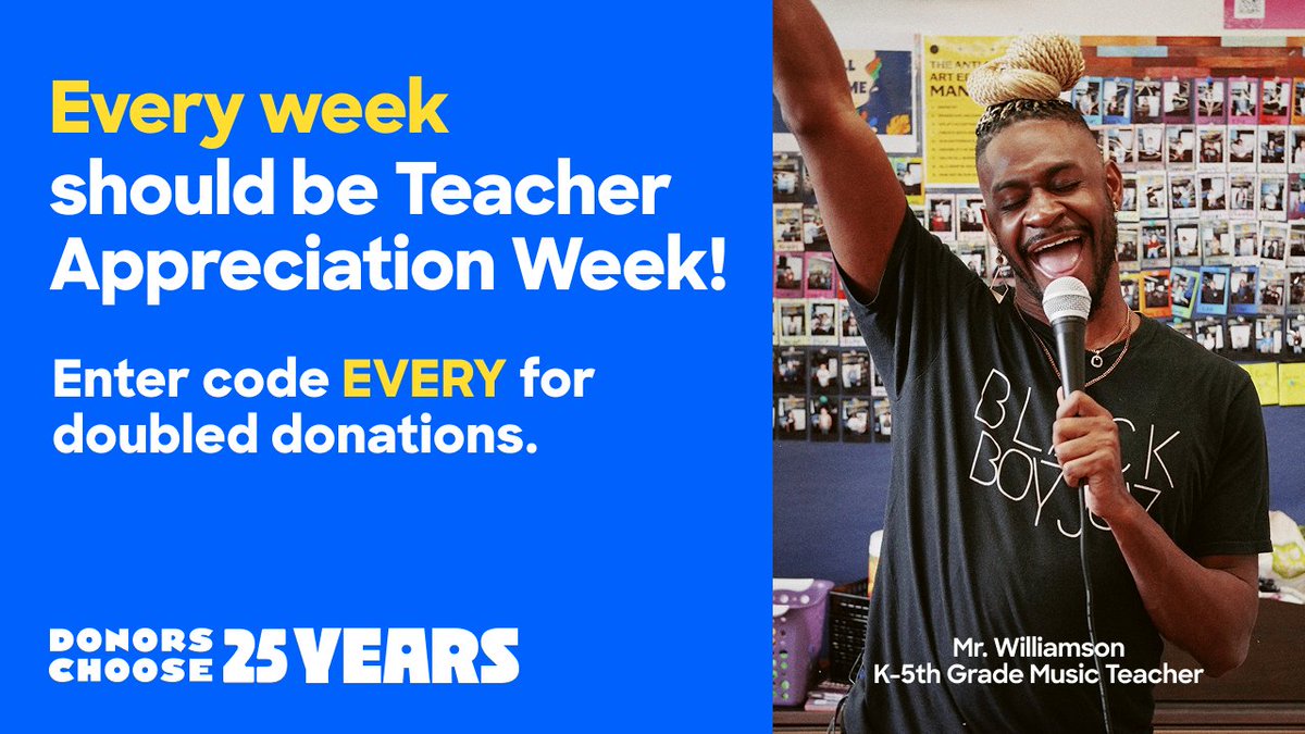 Every day, every teacher brings joy, smiles, and creativity to their classrooms. 

Enter code EVERY at checkout today to double your donation, while funds last: bit.ly/3GTzPZZ

#BringOnTheWeek #ThankATeacher
