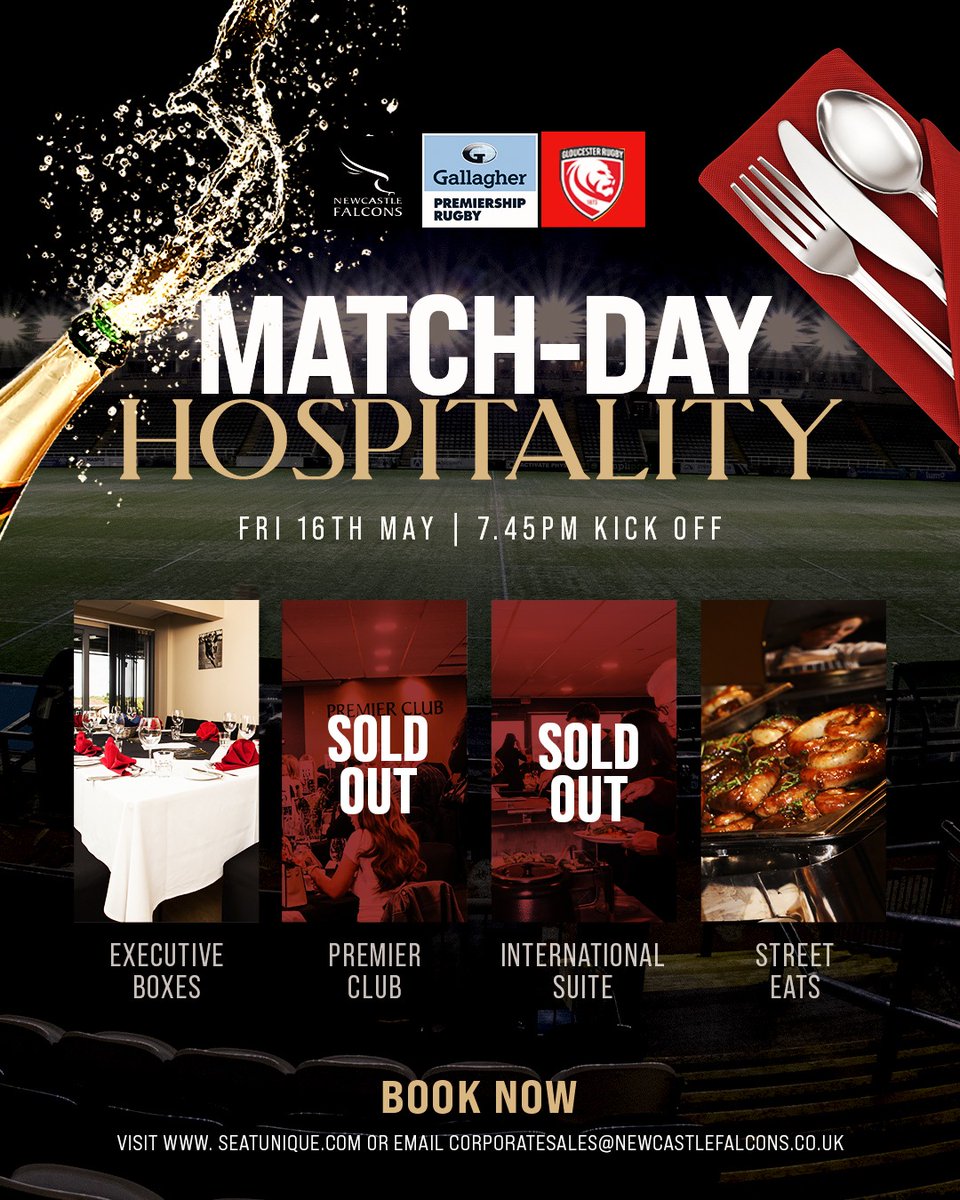 Enjoy our final home game of the season in style 🥂

Hospitality spaces are still available, but our Premier Club and International Suite packages are now 𝗦𝗢𝗟𝗗 𝗢𝗨𝗧.

Don’t miss out - secure an Executive Box or book your place in Street Eats 🌮 today!

🔗: