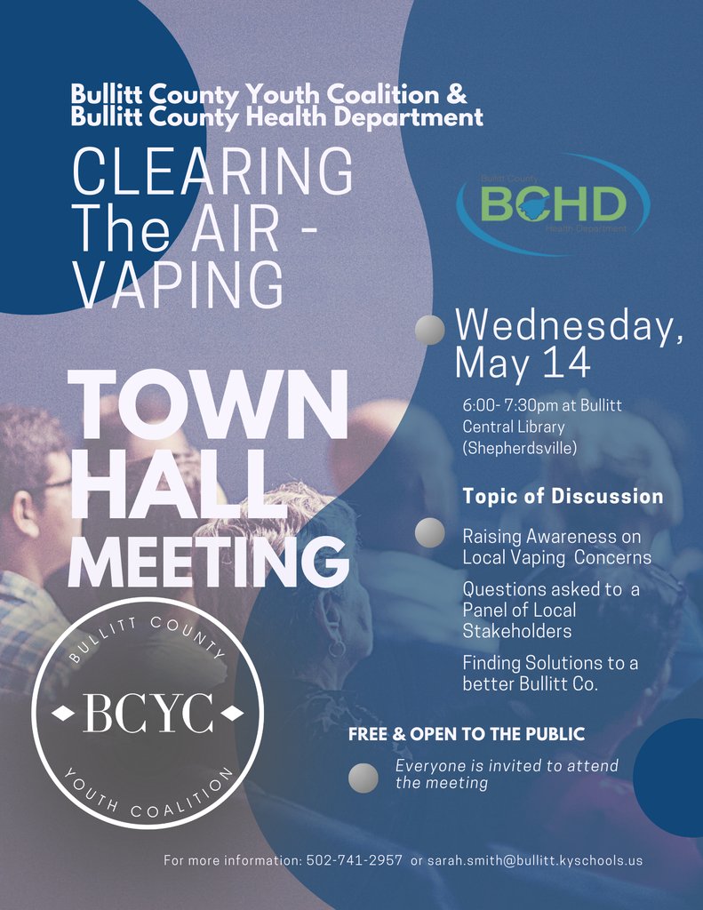 🚨 TOWN HALL TOMORROW! 🚨
Youth vaping is impacting students, families, and neighborhoods and your voice matters!
📅 May 14, 2025
🕕 6–7:30 PM
📍 Central Library Shepherdsville
Join experts, youth advocates &amp; health leaders. #MovingForward!