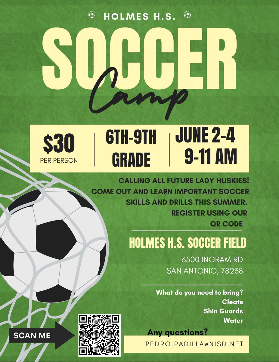 Lady Husky Soccer (@holmes_soccer) on Twitter photo Calling all future Lady Huskies!!!
Let’s dust off those cleats and get ready to train this summer.
Scan that QR code to register.
Let’s go Huskies!!!
<a href="/NeffAthletics/">Pat Neff Athletics</a> <a href="/SR_GAthletics/">Ross Girls Athletics</a> Calling all future Lady Huskies!!!
Let’s dust off those cleats and get ready to train this summer.
Scan that QR code to register.
Let’s go Huskies!!!
<a href="/NeffAthletics/">Pat Neff Athletics</a> <a href="/SR_GAthletics/">Ross Girls Athletics</a>