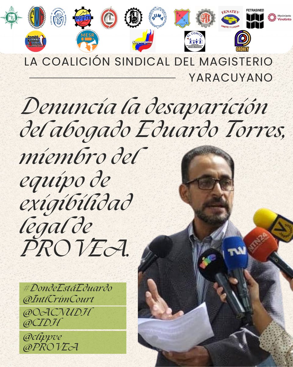 Denunciamos la desaparición del abogado #EduardoTorres, miembro de PROVEA. 

Son más de 90 horas desaparecido. 

Defender derechos humanos no es delito.

 #DóndeEstaEduardo
