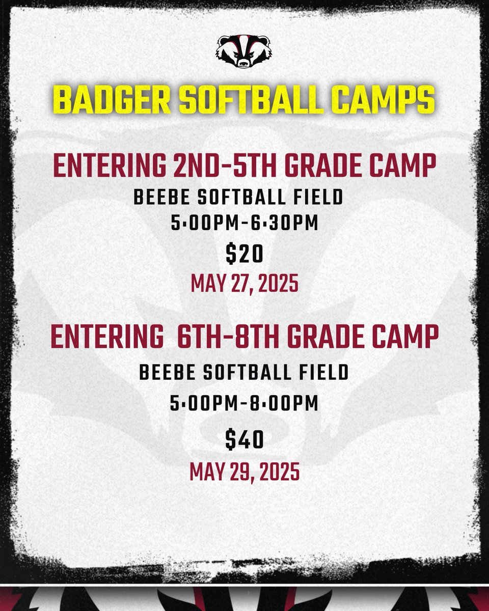 ‼️ Badgers Softball Camps ‼️
We have two camps coming up soon for those entering 2nd-5th grade and those entering 6th-8th grade!
Please fill out the link below: 
forms.gle/W6iR4FvJUNYrCj…