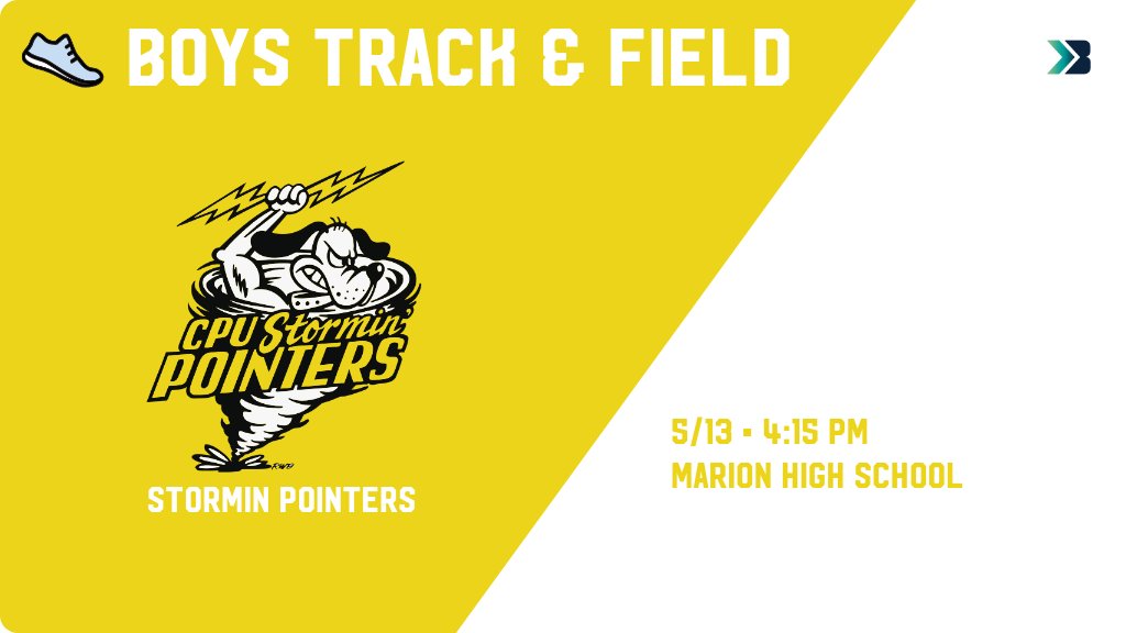 Boys Track &amp; Field (7th Grade) Meet Day! - Check out the event preview for the Center Point-Urbana Stormin Pointers. It starts at 4:15 PM and is at Marion High School Stadium. gobound.com/ia/ihsaa/boyst…