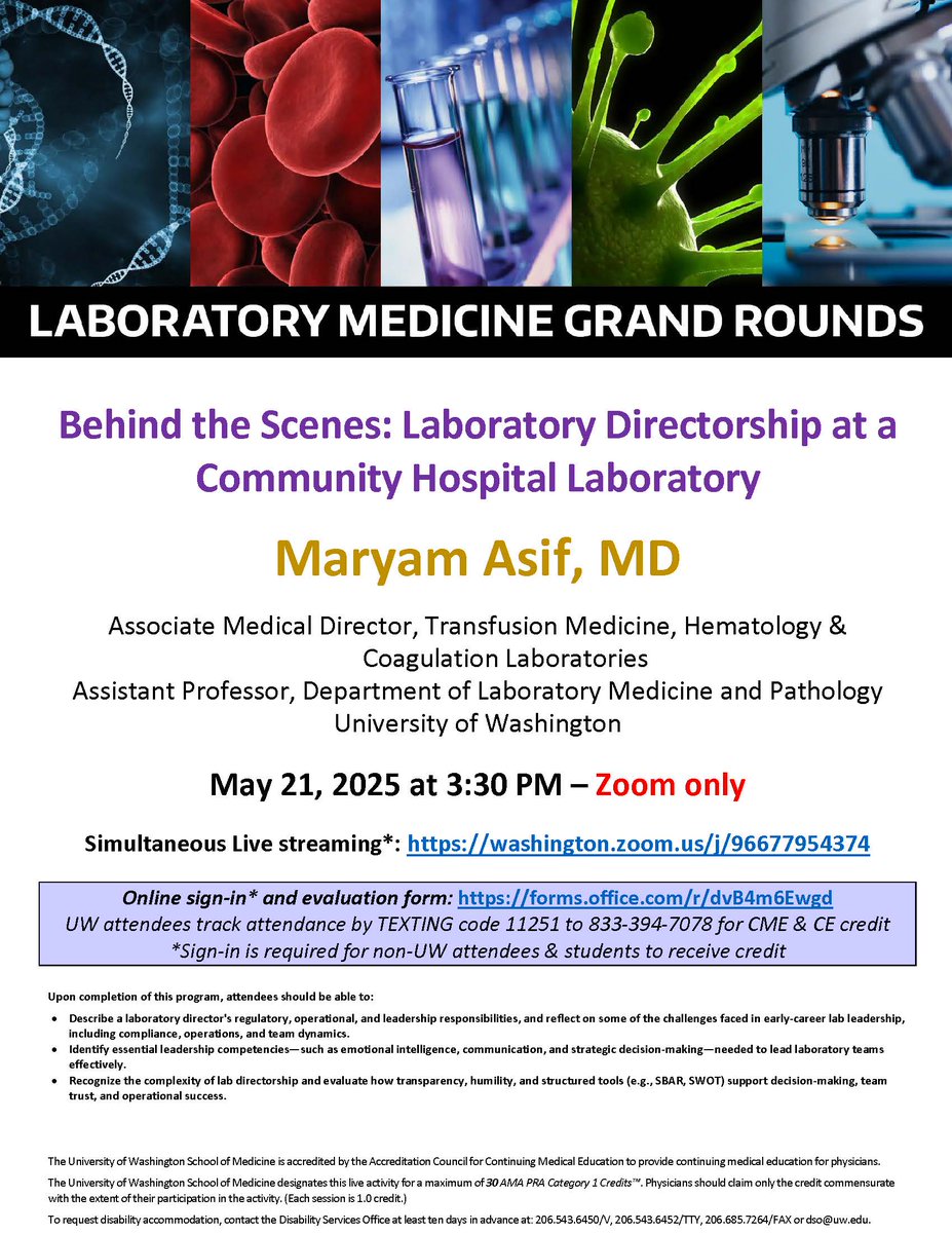 Join us for #laboratorymedicine #grandrounds "Behind the Scenes: Laboratory Directorship at a Community Hospital Laboratory" on Wednesday, May 21st at 3:30pm PT. Learn more: dlmp.uw.edu/events?trumbaE…