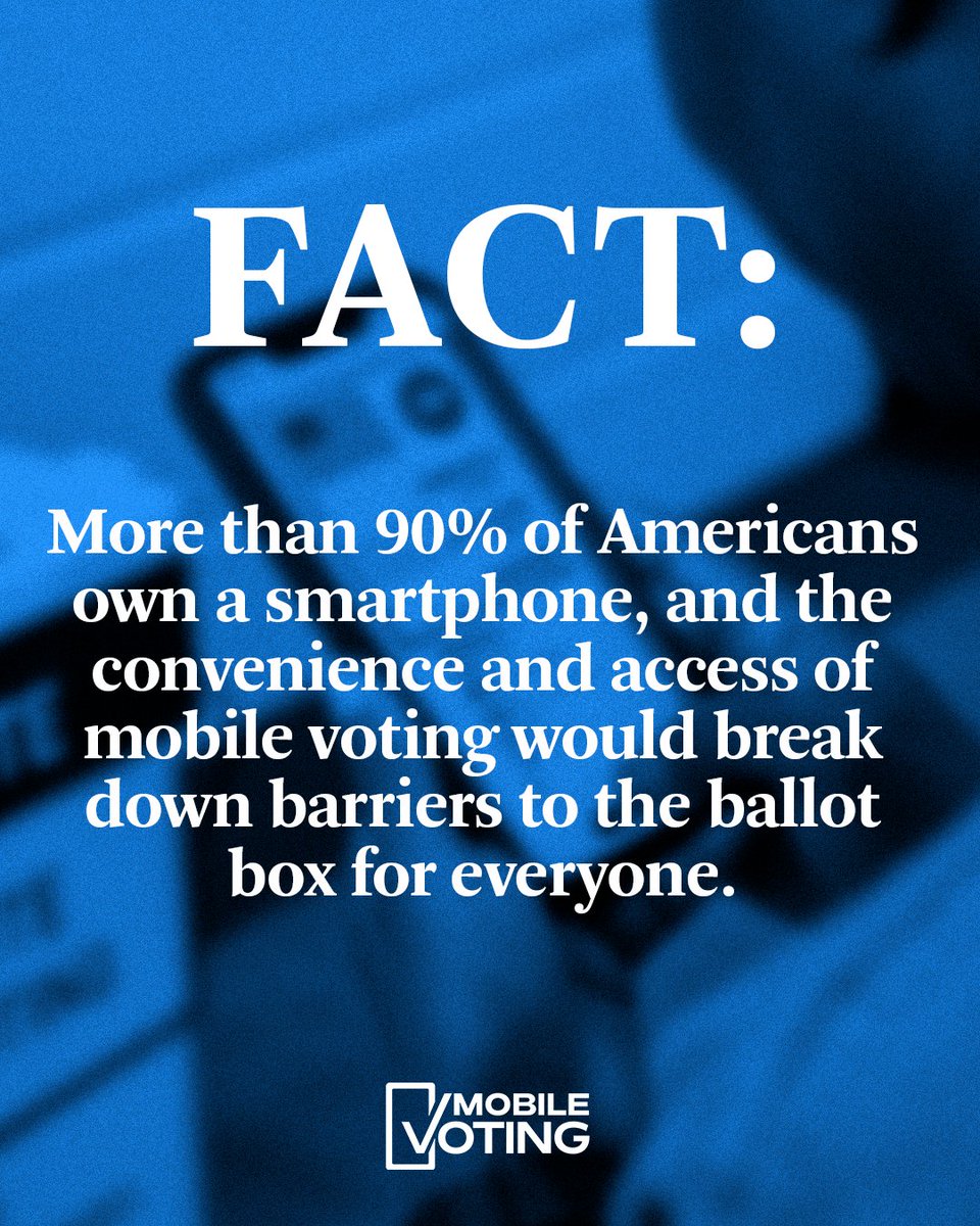 MobileVoting's tweet image. 90% of Americans own a smartphone.
Mobile voting breaks down barriers to the ballot box.
Seniors with limited mobility. Servicemembers serving abroad. Families living in shelter after a natural disaster.
It's time to bring our vote to the palm of our hands.