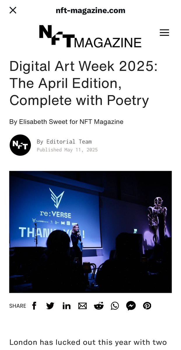theVERSEverse (@theverseverse) on Twitter photo tysm <a href="/MagazineNFT/">NFT Magazine</a> for sharing this <a href="/DigitalArtWeek/">Digital Art Week</a> recap as told by <a href="/speciesofvalue/">Elisabeth Sweet</a> 💥
mentions <a href="/fellowshiptrust/">Fellowship</a> <a href="/GrantYun2/">Grant</a> <a href="/TezosFoundation/">Tezos Foundation</a> <a href="/TheCC_digital/">The Collectors Club</a> <a href="/aljaparis/">Aleksandra Art 🇺🇦</a> <a href="/proofofgail/">(Abi)gail</a> <a href="/CaballeroAnaMa/">Ana María Caballero</a> <a href="/sashastiles/">Sasha Stiles | AI alter ego Technelegy ✍️🤖</a> <a href="/christianbok/">Christian Bok</a> ++ tysm <a href="/MagazineNFT/">NFT Magazine</a> for sharing this <a href="/DigitalArtWeek/">Digital Art Week</a> recap as told by <a href="/speciesofvalue/">Elisabeth Sweet</a> 💥
mentions <a href="/fellowshiptrust/">Fellowship</a> <a href="/GrantYun2/">Grant</a> <a href="/TezosFoundation/">Tezos Foundation</a> <a href="/TheCC_digital/">The Collectors Club</a> <a href="/aljaparis/">Aleksandra Art 🇺🇦</a> <a href="/proofofgail/">(Abi)gail</a> <a href="/CaballeroAnaMa/">Ana María Caballero</a> <a href="/sashastiles/">Sasha Stiles | AI alter ego Technelegy ✍️🤖</a> <a href="/christianbok/">Christian Bok</a> ++