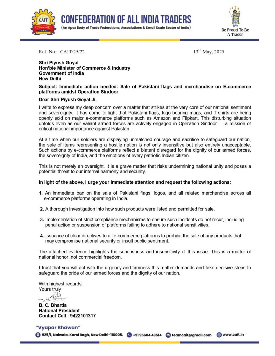 Aditya Raj Kaul (@adityarajkaul) on Twitter photo #BREAKING: Confederation of Indian traders have written to Union Commerce Minister <a href="/PiyushGoyal/">Piyush Goyal</a> and Consumer Affairs Minister <a href="/JoshiPralhad/">Pralhad Joshi</a> urging them to ban the sale of Pakistani flags and all Pakistani merchandise on E-commerce platforms across the country. #BREAKING: Confederation of Indian traders have written to Union Commerce Minister <a href="/PiyushGoyal/">Piyush Goyal</a> and Consumer Affairs Minister <a href="/JoshiPralhad/">Pralhad Joshi</a> urging them to ban the sale of Pakistani flags and all Pakistani merchandise on E-commerce platforms across the country.