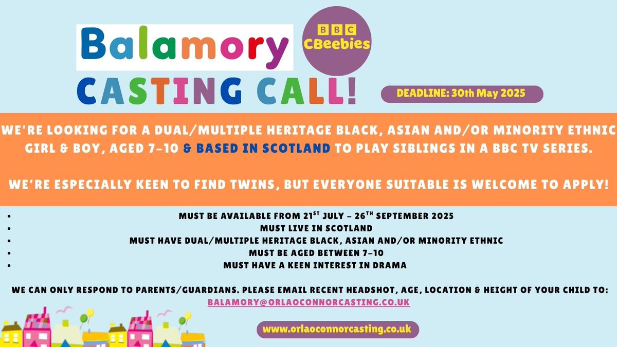 🎬 CASTING CALL – Balamory is Back! 🌈
We are on the lookout for talented young stars! Check out the details on the poster! Let’s find the next stars of Balamory! 🌟