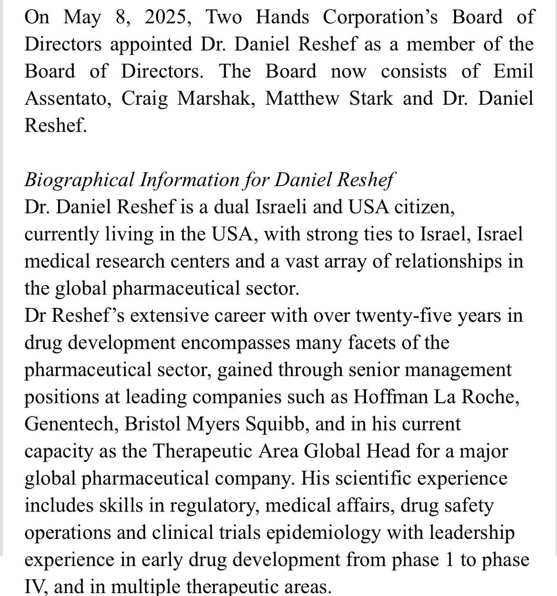 $TWOH 8K dropped 

Dr. Daniel Reshef added to the board 

“over twenty-five years in drug development encompasses many facets of the pharmaceutical sector”

sec.gov/ix?doc=/Archiv…