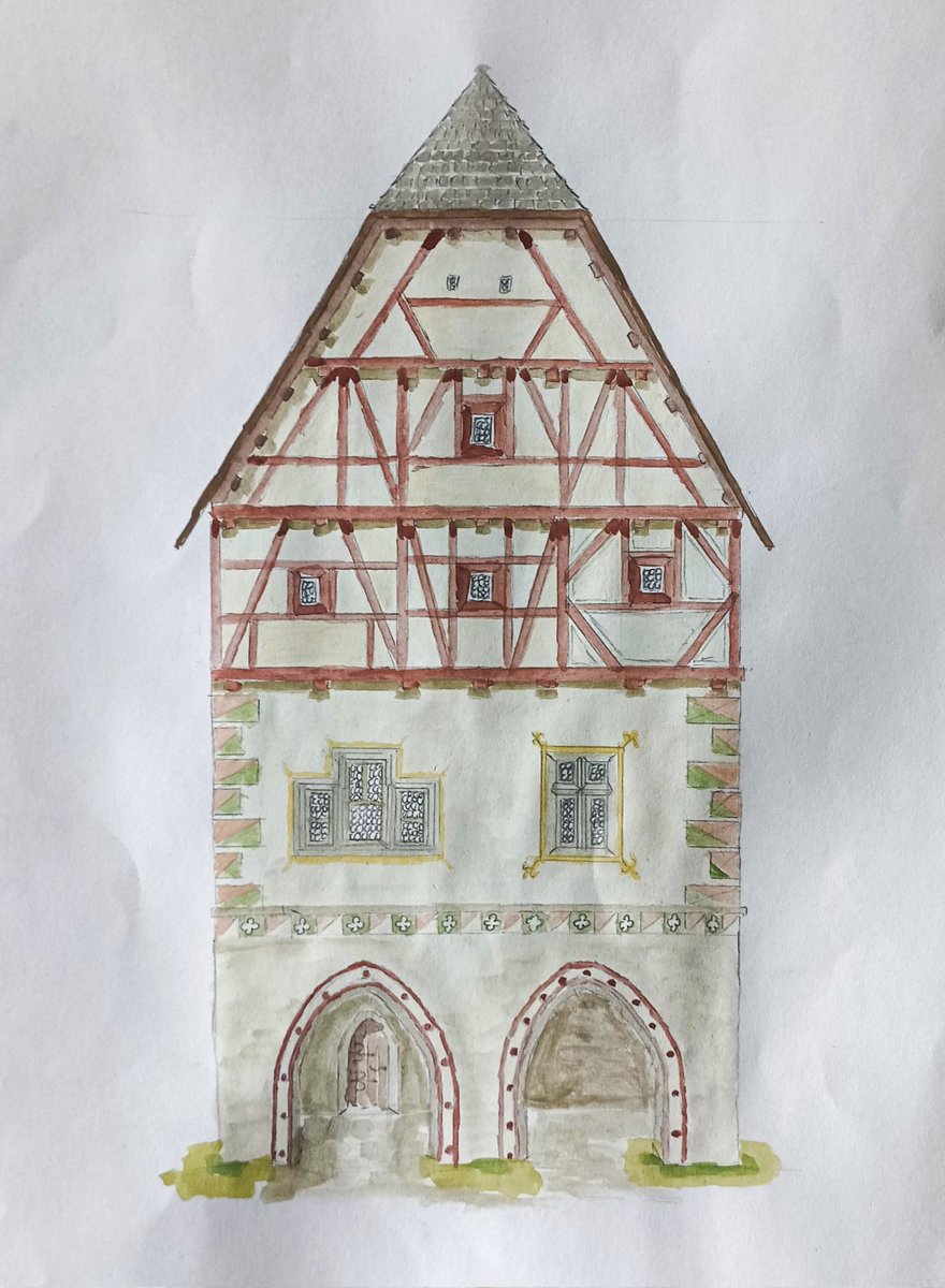 wojczym's tweet image. Facade of a Burgher House
Watercolor depicting a historical half-timbered facade – featuring characteristic timber framing, ornate windows, and Gothic arches at the base. #architecture #medieval #watercolor