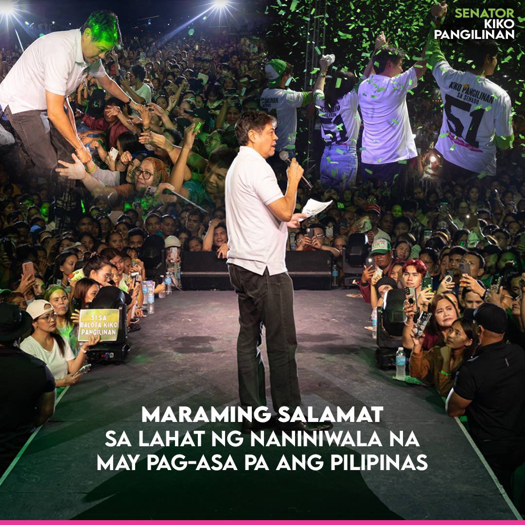 Kiko Pangilinan (@kikopangilinan) on Twitter photo ๐๐๐๐๐ก๐ ๐ฃ๐๐ฅ๐ ๐ฆ๐โ๐ฌ๐ข, ๐ฃ๐๐๐๐ฃ๐๐ก๐๐ฆ!
Hindi po naging madali ang ating laban. Sa bawat pagod, luha, at dasal, kasama ko kayo.
Hindi pa tapos ang laban.
Simula pa lang ito ng mas matatag na pag-asa. ๐ ๐ฎ๐ฟ๐ฎ๐บ๐ถ๐ป๐ด ๐๐ฎ๐น๐ฎ๐บ๐ฎ๐ ๐ฝ๐ผ ๐๐ฎ ๐น๐ฎ๐ต๐ฎ๐ ๐ป๐ด ๐๐๐๐๐ก๐ ๐ฃ๐๐ฅ๐ ๐ฆ๐โ๐ฌ๐ข, ๐ฃ๐๐๐๐ฃ๐๐ก๐๐ฆ!
Hindi po naging madali ang ating laban. Sa bawat pagod, luha, at dasal, kasama ko kayo.
Hindi pa tapos ang laban.
Simula pa lang ito ng mas matatag na pag-asa. ๐ ๐ฎ๐ฟ๐ฎ๐บ๐ถ๐ป๐ด ๐๐ฎ๐น๐ฎ๐บ๐ฎ๐ ๐ฝ๐ผ ๐๐ฎ ๐น๐ฎ๐ต๐ฎ๐ ๐ป๐ด