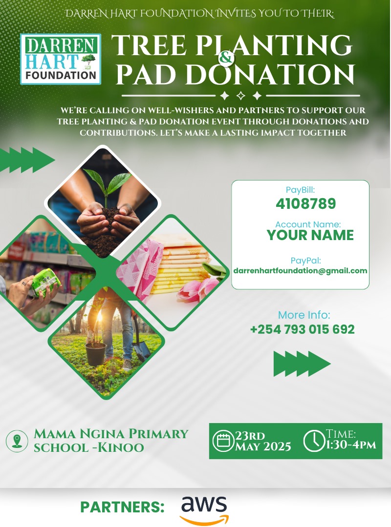 🌳 Grow hope with us! On May 23, we’re heading to Mama Ngina Primary to plant 300 trees 🍊🌸 &amp; donate sanitary pads to 1,300 pupils.
Let’s restore dignity &amp; nurture nature 💚
📲 Paybill: 4108789
💻 PayPal: darrenhartfoundation@gmail.com
🌐 darrenhartfoundation.org/donate
#GreenHope